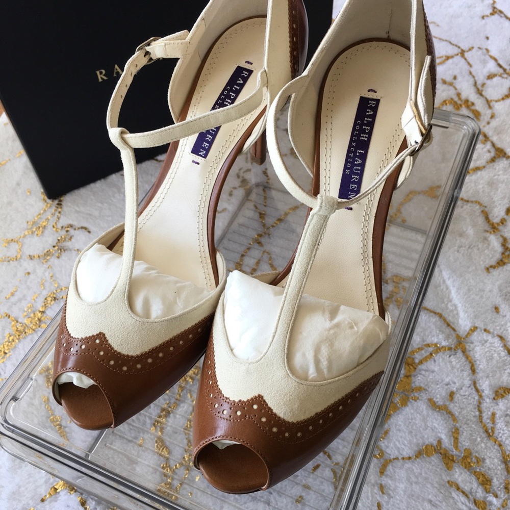 Ralph Lauren Women's Cream and Brown Peep Toe Heels